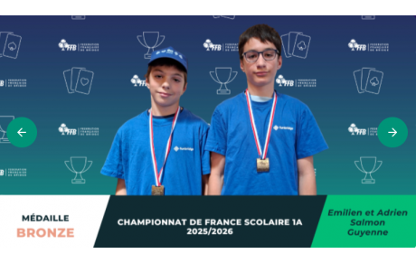 Bridge scolaire, finale nationale par paire  1ère et 2ème année (13 &amp; 14 juin 2026)